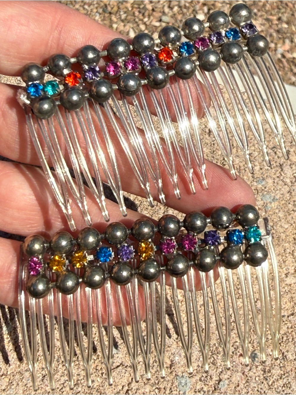 Vintage Silver Bead Rhinestone Hair Combs Set of 3 Multicolor Boho Southwestern
